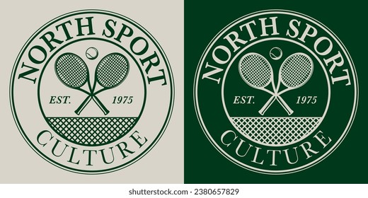 Vintage college varsity athletic tennis league sport club slogan print with rackets and ball illustration with emblem for graphic tee t shirt or sweatshirt - Vector