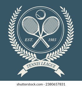 Vintage college varsity athletic tennis league sport club slogan print with rackets and ball illustration with emblem for graphic tee t shirt or sweatshirt - Vector