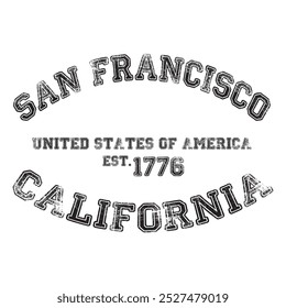 vintage faculdade varsity califórnia san francisco slogan emblema imprimir com efeito grunge para t-shirt gráfica ou moletom - vetor