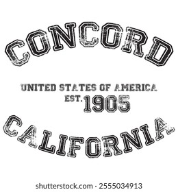 vintage college varsity california's concord city slogan emblem print with grunge effect for graphic tee t shirt or sweatshirt - vector