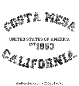 vintage college varsity california's costa mesa city slogan emblem print with grunge effect for graphic tee t shirt or sweatshirt - vector