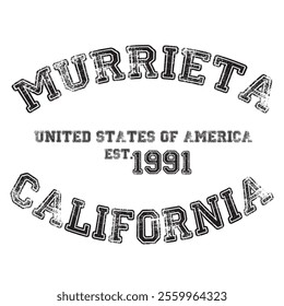 vintage college varsity california's murrieta city slogan emblem print with grunge effect for graphic tee t shirt or sweatshirt - vector