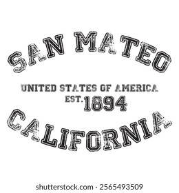 vintage college varsity california's san mateo city slogan emblem print with grunge effect for graphic tee t shirt or sweatshirt - vector