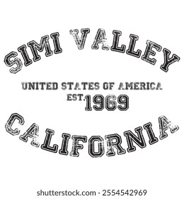 vintage college varsity california's simi valley city slogan emblem print with grunge effect for graphic tee t shirt or sweatshirt - vector