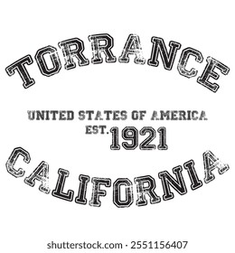 vintage college varsity california's torrance city slogan emblem print with grunge effect for graphic tee t shirt or sweatshirt - vector