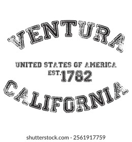 vintage college varsity california's ventura city slogan emblem print with grunge effect for graphic tee t shirt or sweatshirt - vector