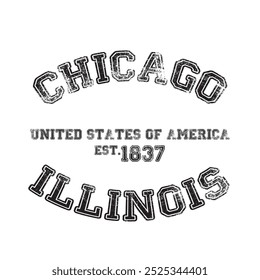 Vintage college varsity chicago illinois city slogan emblem print mit grunge effekt für grafische tee t shirt oder sweatshirt - Vector