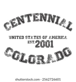 vintage college varsity colorado's centennial city slogan emblem print with grunge effect for graphic tee t shirt or sweatshirt - vector