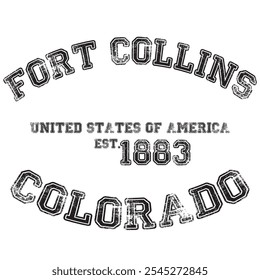 vintage college varsity colorado's fort collins city slogan emblem print with grunge effect for graphic tee t shirt or sweatshirt - vector