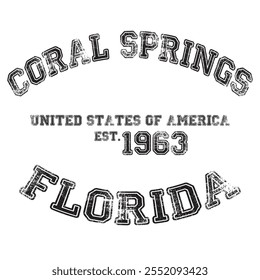 vintage college varsity florida's coral springs city slogan emblem print with grunge effect for graphic tee t shirt or sweatshirt - vector