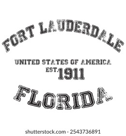 Vintage College Varsity de Florida Fort Lauderdale City Slogan emblema impreso con efecto grunge para camiseta gráfica o sudadera - Vector