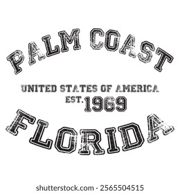 vintage college varsity florida's palm coast city slogan emblem print with grunge effect for graphic tee t shirt or sweatshirt - vector