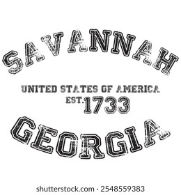 vintage college varsity georgia's savannah city slogan emblem print with grunge effect for graphic tee t shirt or sweatshirt - vector