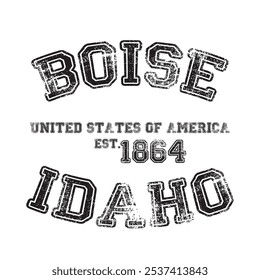 vintage faculdade varsity idaho boise cidade slogan emblema imprimir com efeito grunge para t t-shirt gráfico ou moletom - vetor