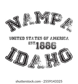 vintage college varsity idaho's nampa city slogan emblem print with grunge effect for graphic tee t shirt or sweatshirt - vector