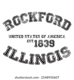 vintage college varsity illinois's rockford city slogan emblem print with grunge effect for graphic tee t shirt or sweatshirt - vector