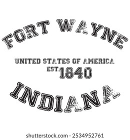 vintage college varsity indiana fort wayne city slogan emblem print with grunge effect for graphic tee t shirt or sweatshirt - vector