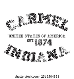 vintage college varsity indiana's carmel city slogan emblem print with grunge effect for graphic tee t shirt or sweatshirt - vector