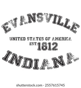 vintage college varsity indiana's evansville city slogan emblem print with grunge effect for graphic tee t shirt or sweatshirt - vector