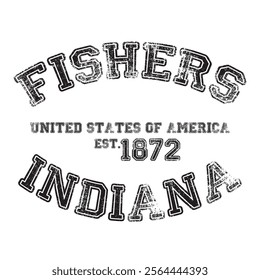 vintage college varsity indiana's fishers city slogan emblem print with grunge effect for graphic tee t shirt or sweatshirt - vector