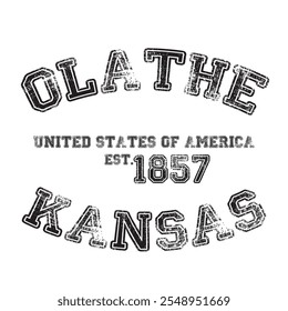 vintage college varsity kansas's olathe city slogan emblem print with grunge effect for graphic tee t shirt or sweatshirt - vector