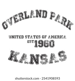 vintage college varsity kansas's overland park city slogan emblem print with grunge effect for graphic tee t shirt or sweatshirt - vector