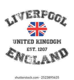 vintage colégio liverpool cidade de inglaterra slogan emblema imprimir com efeito grunge para t-shirt gráfica ou moletom - Vetor