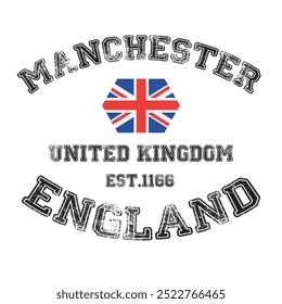 vintage college varsity manchester england slogan emblem print with grunge effect for graphic tee t shirt or sweatshirt - Vector	