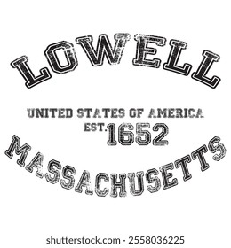 vintage college varsity massachusetts's lowell city slogan emblem print with grunge effect for graphic tee t shirt or sweatshirt - vector