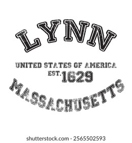 vintage college varsity massachusetts's lynn city slogan emblem print with grunge effect for graphic tee t shirt or sweatshirt - vector