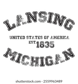 vintage college varsity michigan's lansing city slogan emblem print with grunge effect for graphic tee t shirt or sweatshirt - vector