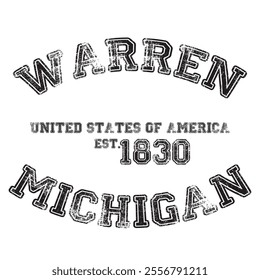 vintage college varsity michigan's warren city slogan emblem print with grunge effect for graphic tee t shirt or sweatshirt - vector