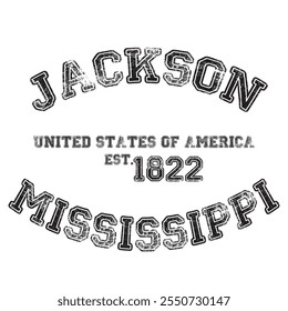 vintage college varisity mississippi's jackson city slogan emblem print mit grunge effekt für grafisches tee t shirt oder sweatshirt - vektor