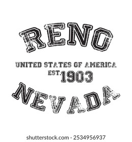 Vintage College Varsity Nevada Reno City Slogan emblema de impresión con efecto grunge para camiseta gráfica o sudadera - Vector