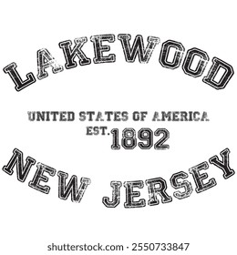 vintage college varsity new jersey's lakewood city slogan emblem print with grunge effect for graphic tee t shirt or sweatshirt - vector