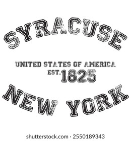 vintage colégio nova iorque slogan syracuse cidade slogan impressão com efeito grunge para t-shirt ou moletom gráfico - vetor