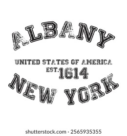 vintage college varsity new york's albany city slogan emblem print with grunge effect for graphic tee t shirt or sweatshirt - vector