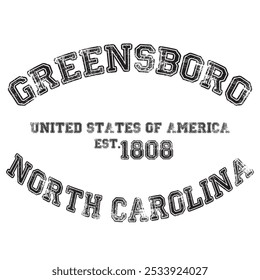 vintage faculdade de carolina do norte carolina greensboro cidade slogan emblema imprimir com efeito grunge para t t camiseta gráfico ou moletom - vetor