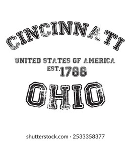 vintage faculdade varsity ohio cincinnati cidade slogan impressão emblema com efeito grunge para t t camiseta gráfico ou moletom - vetor