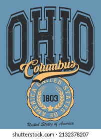 Vintage college varsity ohio state columbus city slogan emblem print with grunge effect for graphic tee t shirt or sweatshirt - Vector