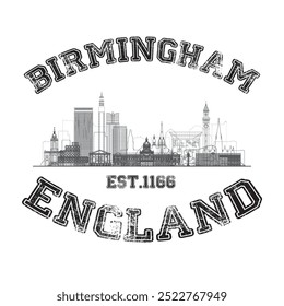 vintage college varsity with the skyline of the birmingham of england slogan emblem print with grunge effect for graphic tee t shirt or sweatshirt - Vector	