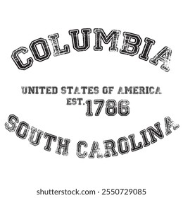 vintage college varsity south carolina's columbia city slogan emblem print with grunge effect for graphic tee t shirt or sweatshirt - vector