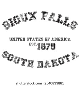 vintage college varsity south dakota's sioux falls city slogan emblem print with grunge effect for graphic tee t shirt or sweatshirt - vector