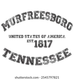 vintage college varsity tennessee's murfreesboro city slogan emblem print with grunge effect for graphic tee t shirt or sweatshirt - vector