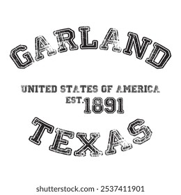 vintage college varsity texas garland city slogan emblem print with grunge effect for graphic tee t shirt or sweatshirt - vector