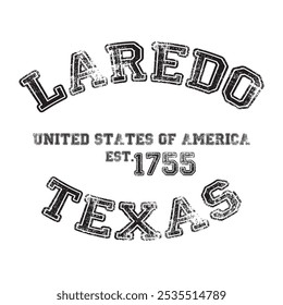 vintage faculdade varsity texas laredo cidade slogan impressão emblema com efeito grunge para t-shirt gráfico ou moletom - vetor