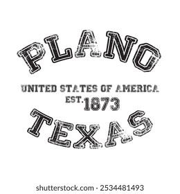 vintage college varsity texas plano city slogan emblem print with grunge effect for graphic tee t shirt or sweatshirt - vector