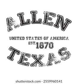 vintage college varsity texas's allen city slogan emblem print with grunge effect for graphic tee t shirt or sweatshirt - vector