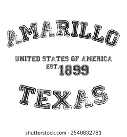 vintage faculdade varsity texas's amarillo cidade slogan emblema imprimir com efeito grunge para t-shirt gráfico ou moletom - vetor