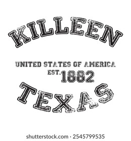 vintage college varsity texas's killeen city slogan emblem print with grunge effect for graphic tee t shirt or sweatshirt - vector